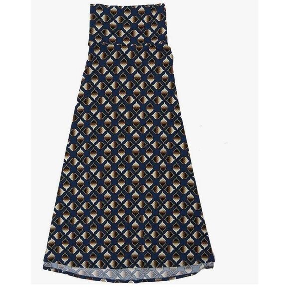 LulaRoe Maxi Skirt Large Navy Ankle Length Blue Brown Geometric Flowy A-Line EUC - Picture 1 of 16